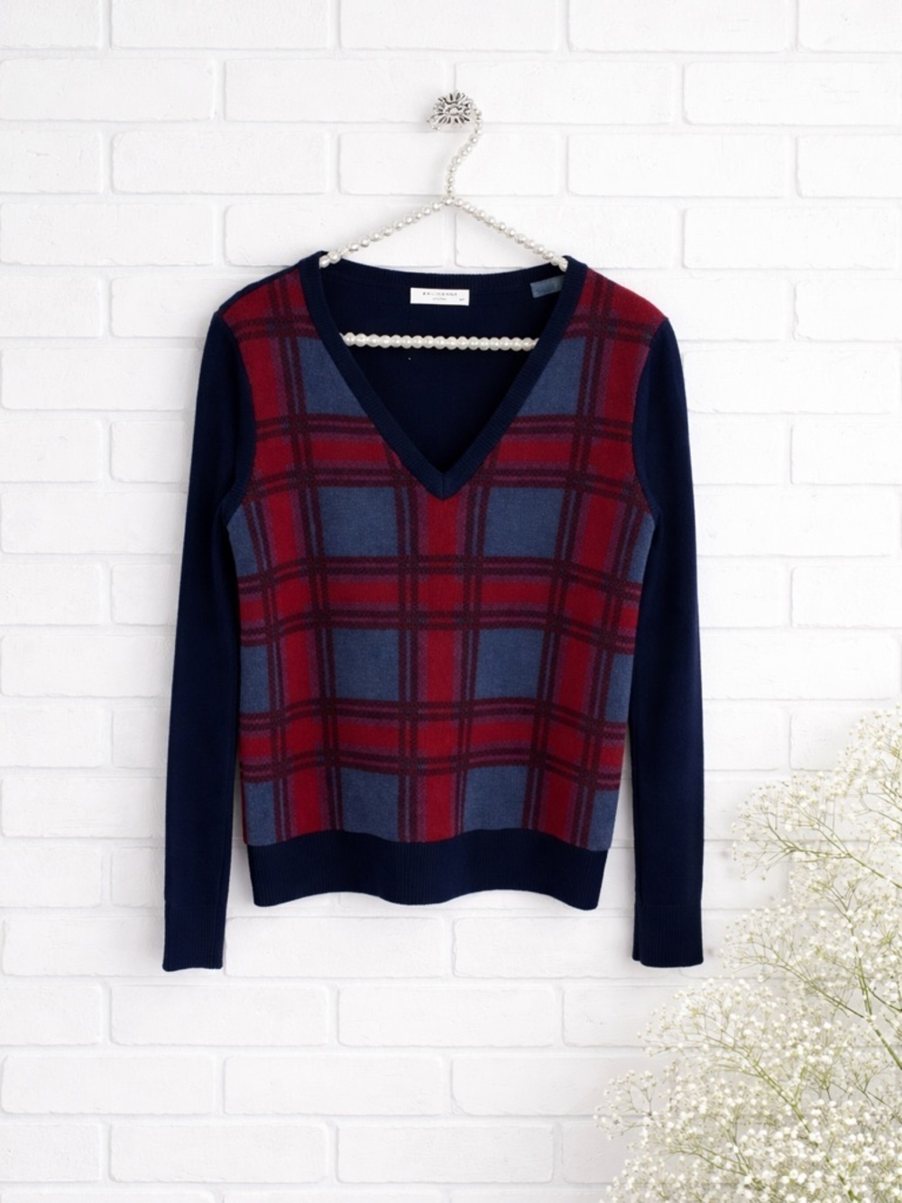 Equipment Femme Blue and Red Plaid V Neck Wool Blend Sweater Size S